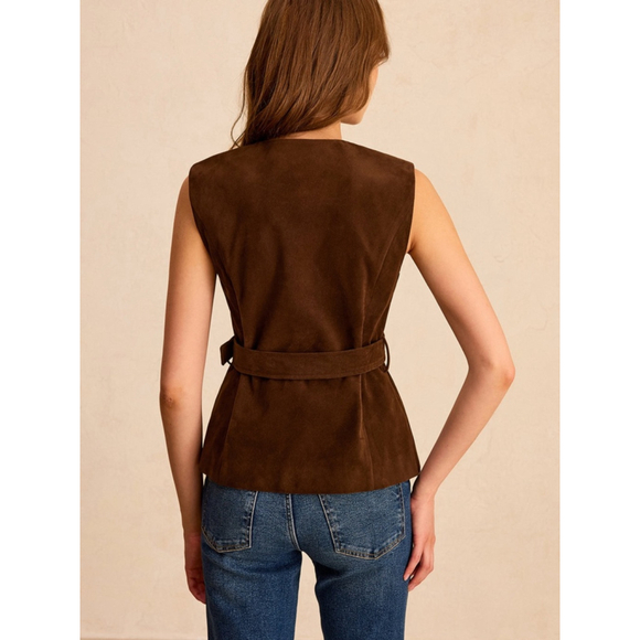 Commense Suede Effect Vest with Belt in Dark Brown - Picture 4 of 9